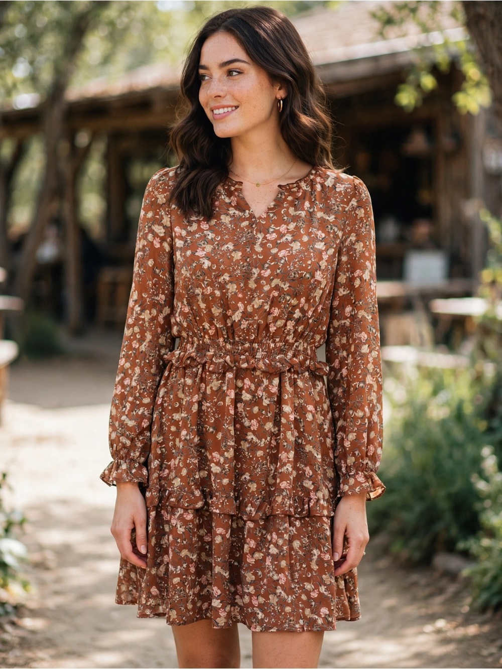 NEW GiGiO Rust Floral Long-Sleeve Tiered Dress